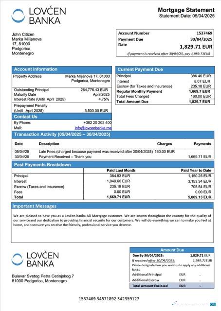 Download Montenegro Lovćen banka AD mortgage statement Word and PDF template Photoshop template